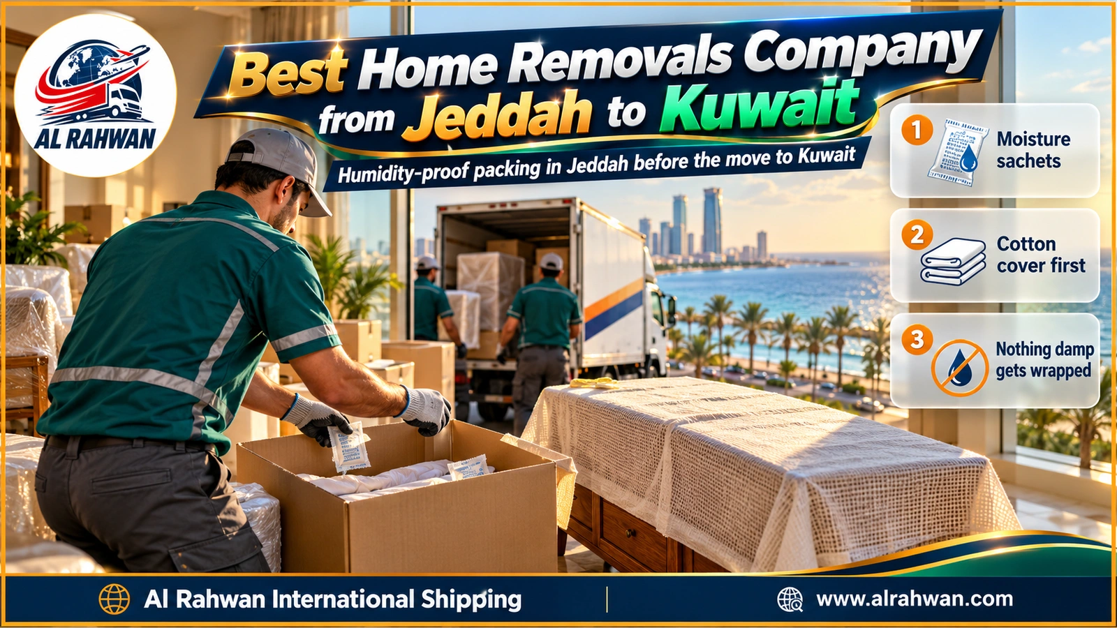 Best home removals company from Jeddah to Kuwait - mover dropping moisture-absorbing sachets into a carton of linens beside a chest under a cotton cover