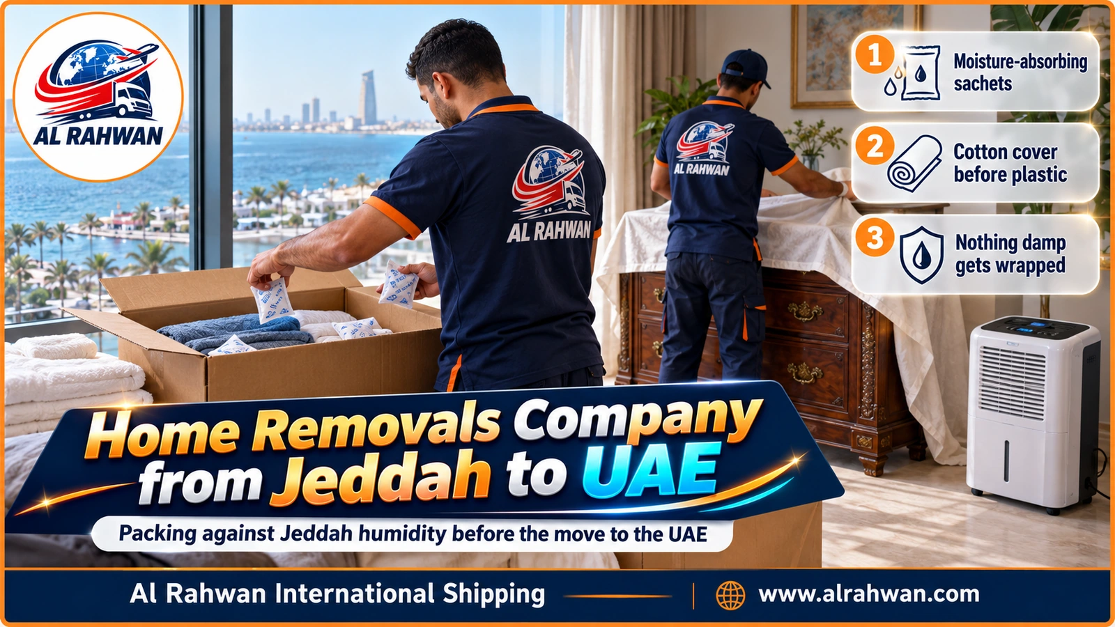 Mover placing moisture absorbers inside household cartons in a Jeddah home before the move to the UAE