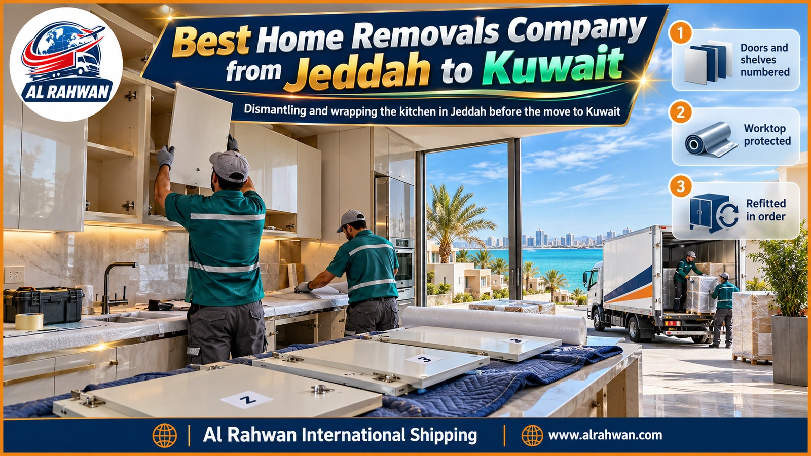 Best home removals company from Jeddah to Kuwait - carpenter removing wooden kitchen cabinet doors in a seaside Jeddah home with numbered doors on blankets