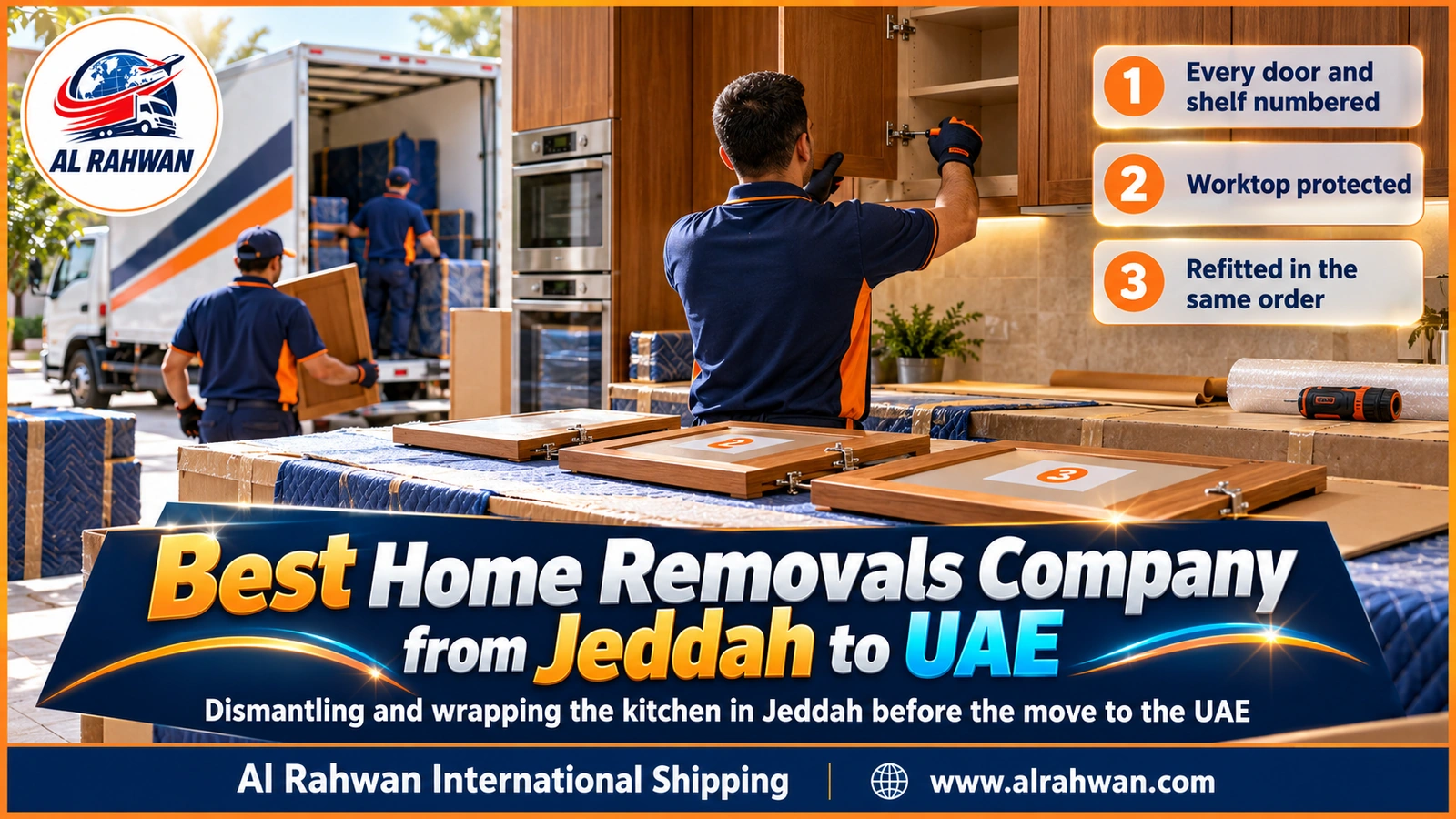 A carpenter dismantling numbered aluminium kitchen units in a Jeddah home and wrapping them before the move to the UAE