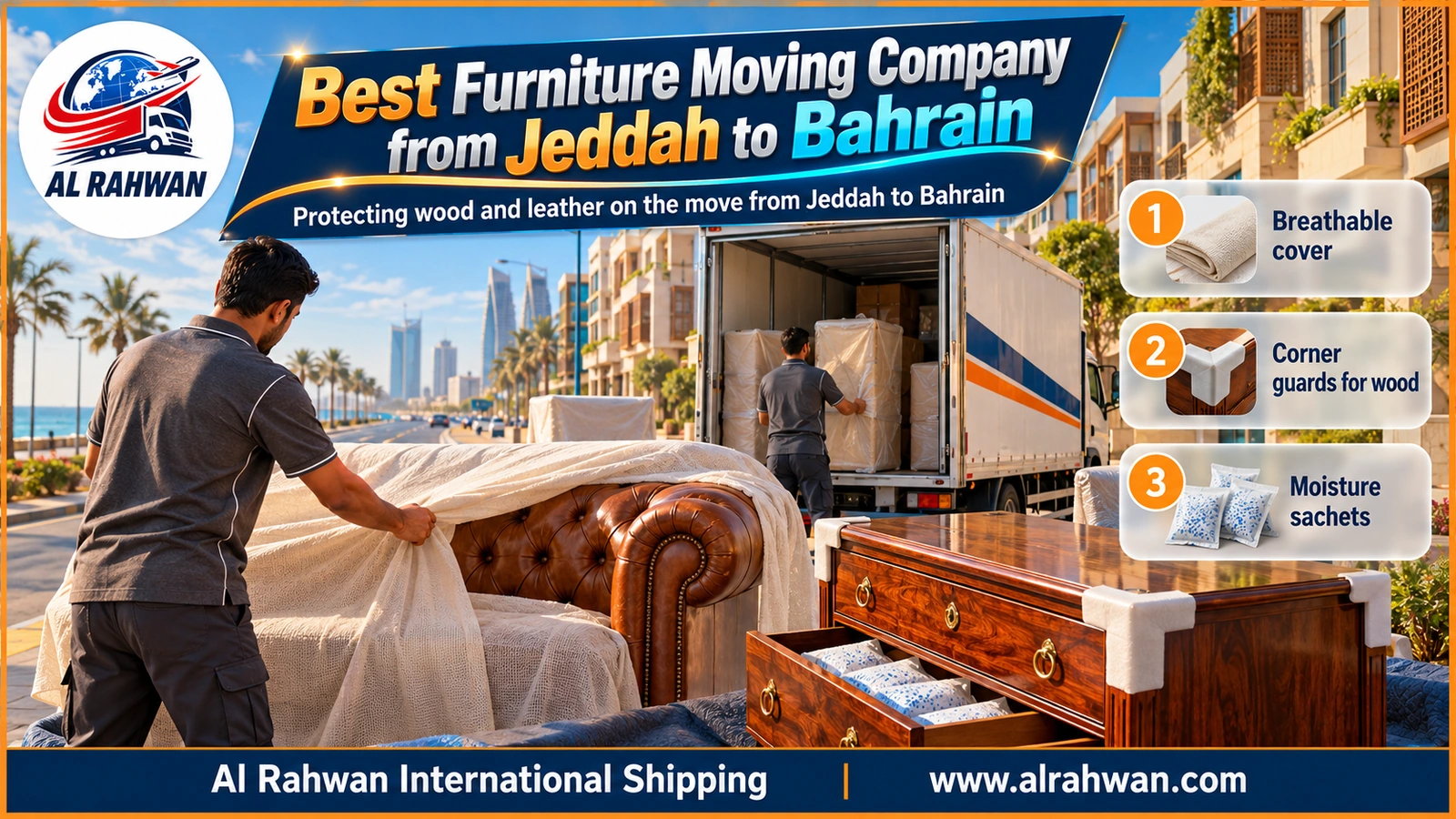 Best furniture moving company from Jeddah to Bahrain - a technician covering a leather sofa with a cotton cover and then a blanket before loading the closed truck
