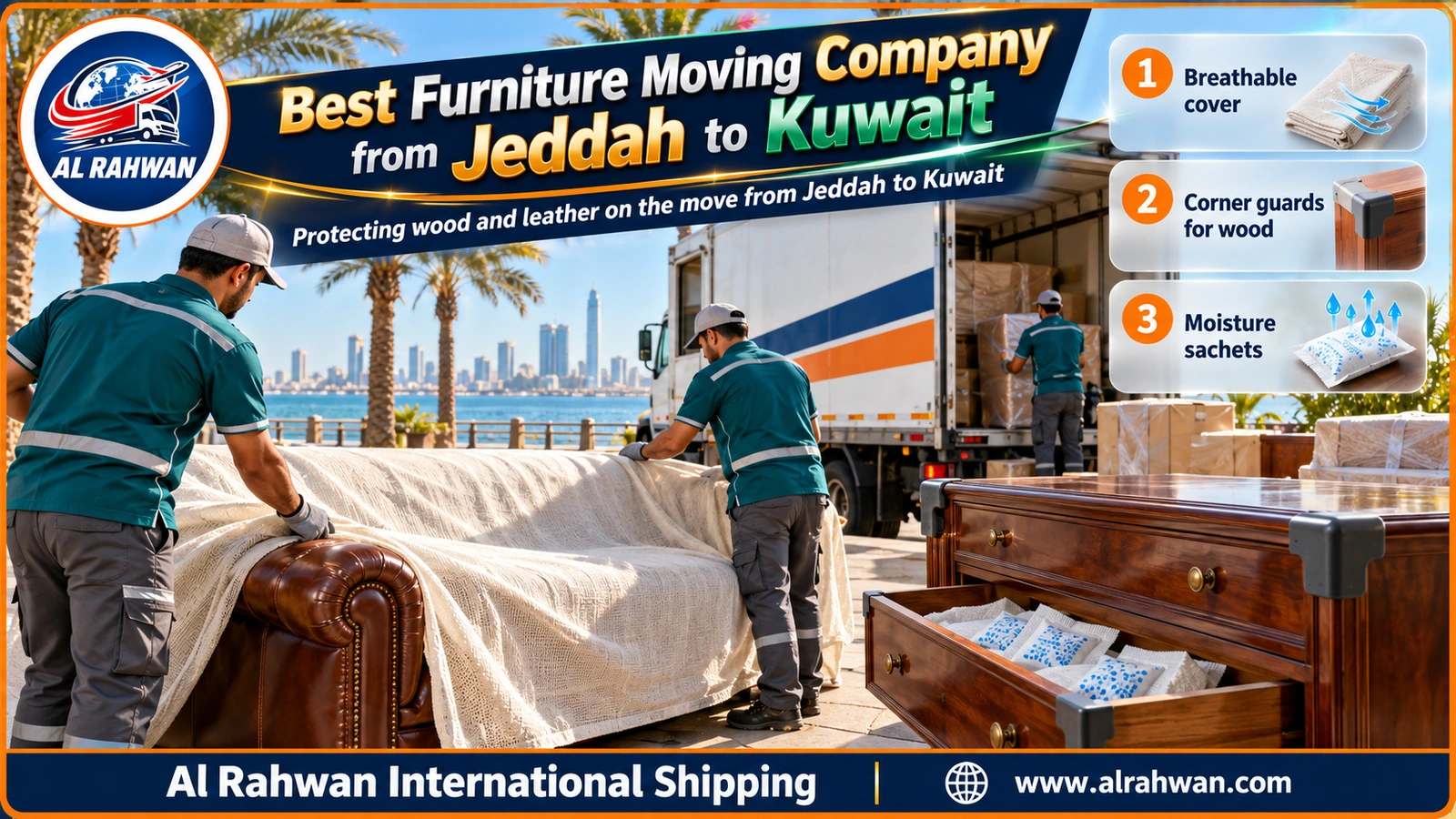 Best furniture moving company from Jeddah to Kuwait - leather sofa wrapped in a cotton cover and a wooden dresser with corner guards and moisture sachets in the drawer