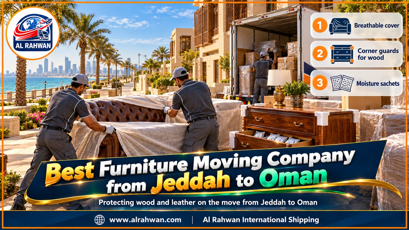 best furniture moving company from Jeddah to Oman - a mover wrapping a leather sofa in cotton cloth and then a blanket beside a covered wooden sideboard in a Jeddah home