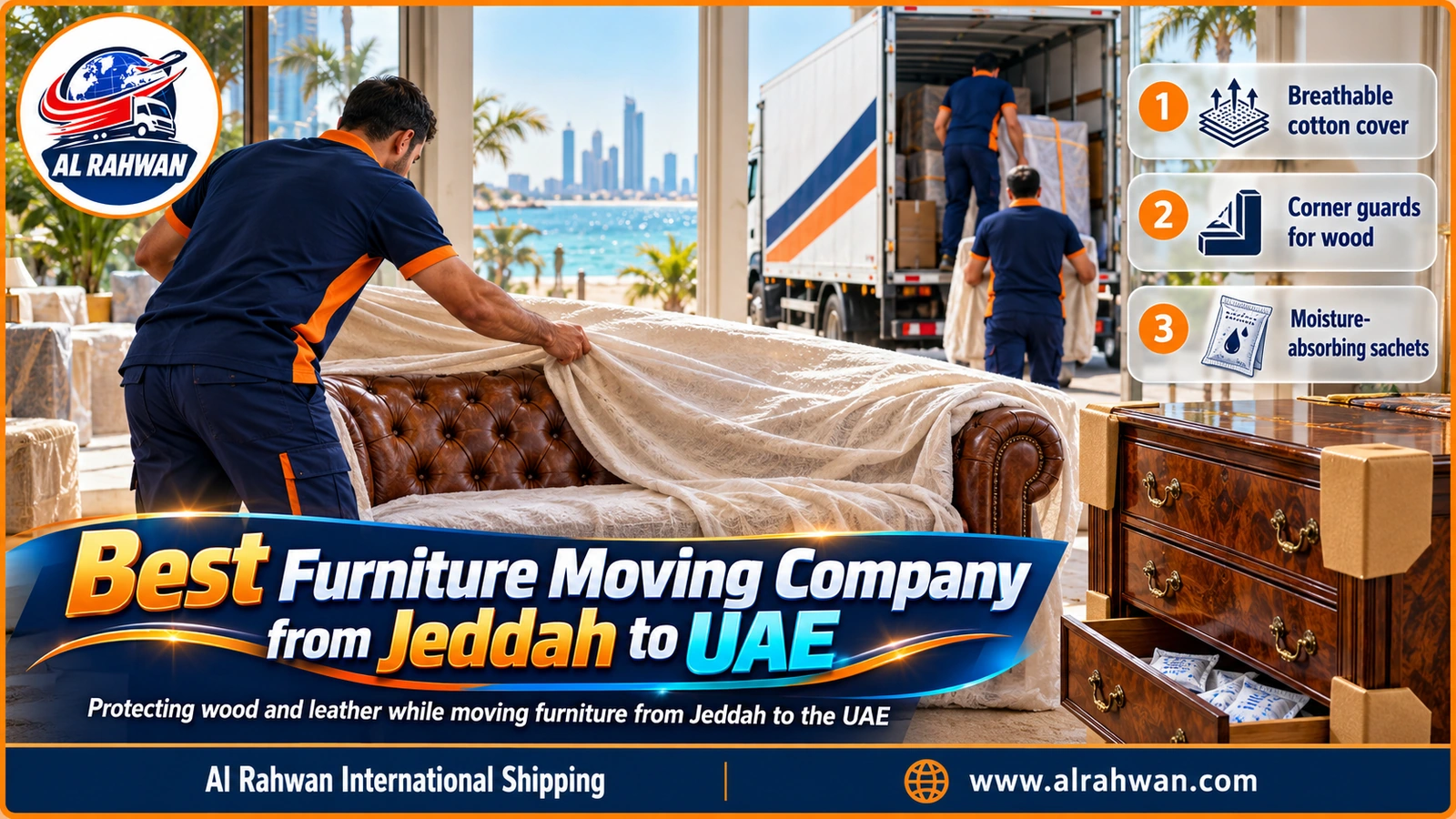 Leather sofa and wooden table covered with cotton cloth and moving blankets in a Jeddah home before the move to the UAE
