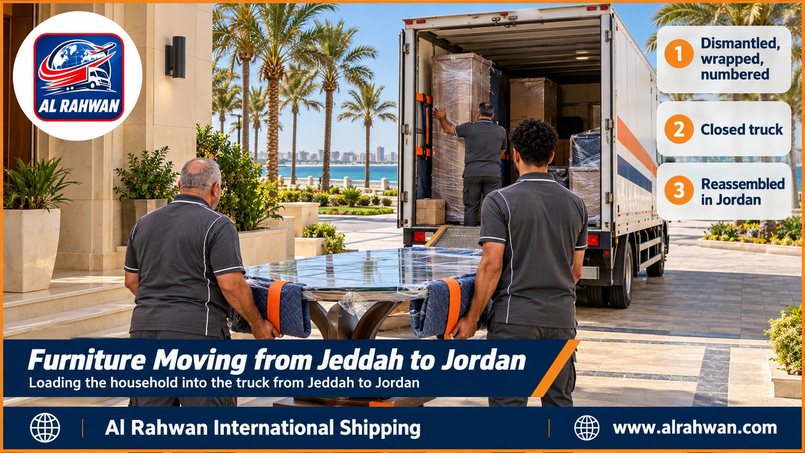 Furniture Moving from Jeddah to Jordan - Workers carry wrapped boxes into an open-doored furniture moving truck in Jeddah ahead of the journey to Jordan