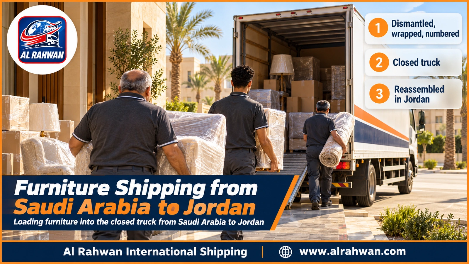 Furniture Shipping from Saudi Arabia to Jordan - workers carrying wrapped cartons and furniture pieces into a closed truck and strapping them down