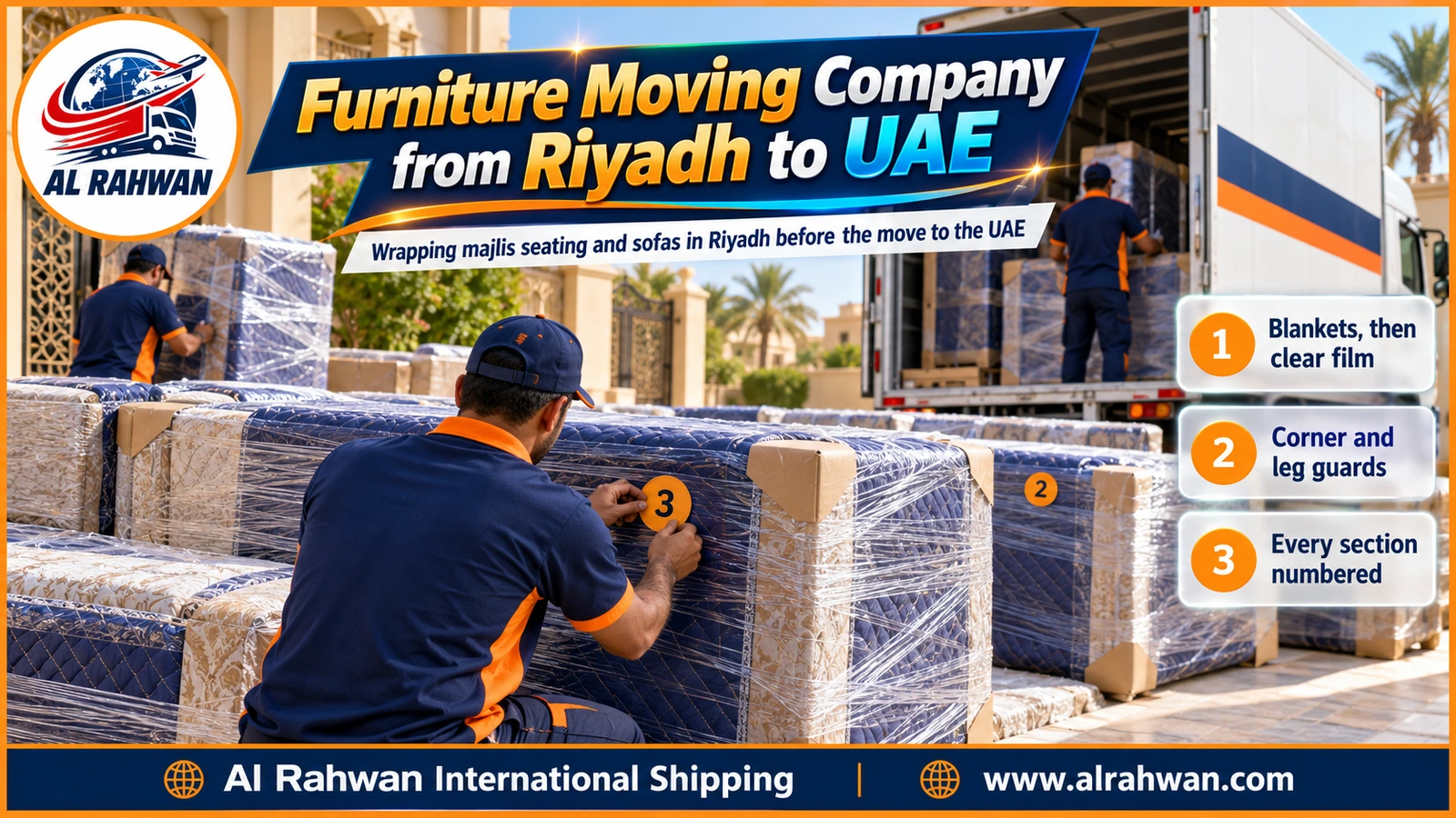 Mover wrapping an Arabic majlis sofa in a thick moving blanket inside a Riyadh villa before the move to the UAE