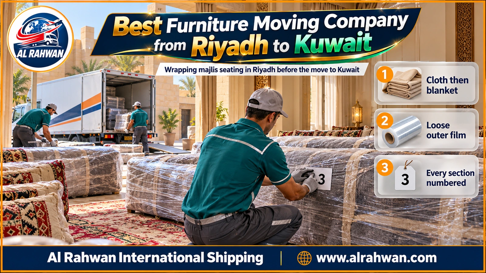 Best furniture moving company from Riyadh to Kuwait - wrapping a fine majlis sofa in protective layers in Riyadh