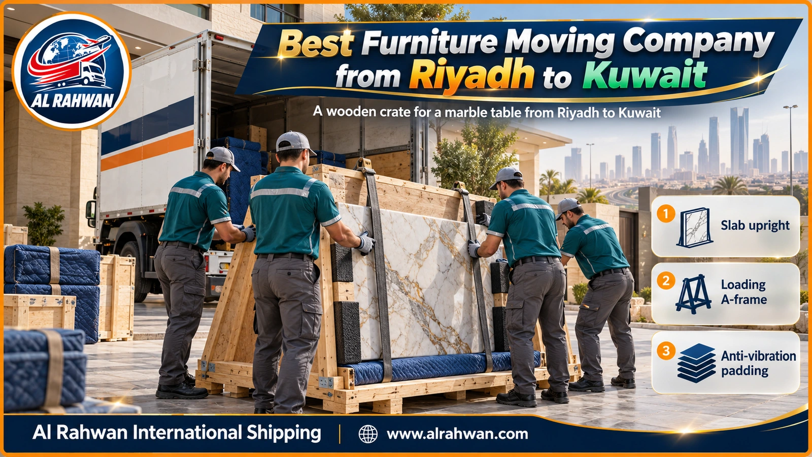 Best furniture moving company from Riyadh to Kuwait - a foam-lined wooden crate for a marble table top