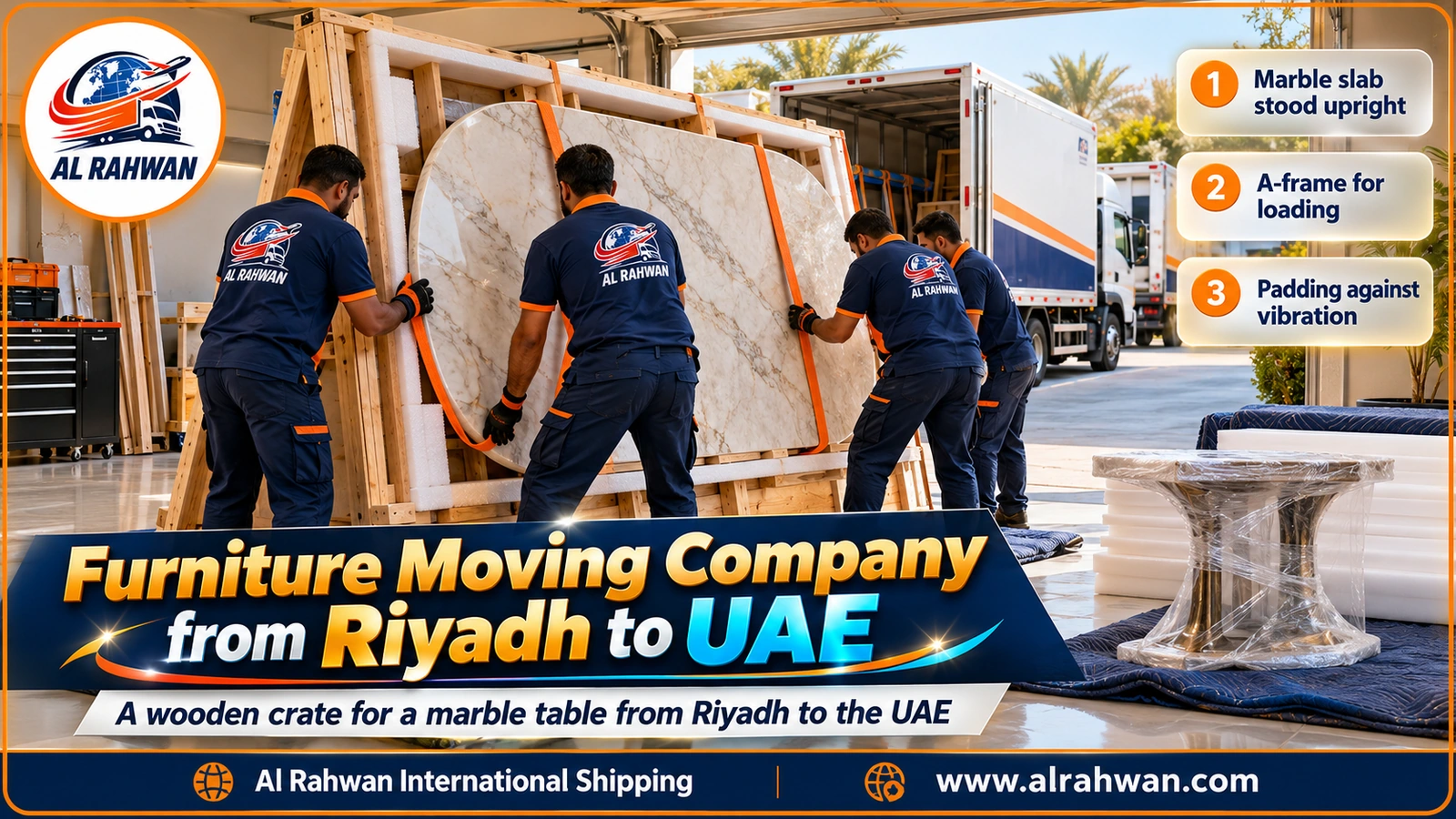 Marble table top standing on its edge inside a padded wooden crate before moving from Riyadh to the UAE