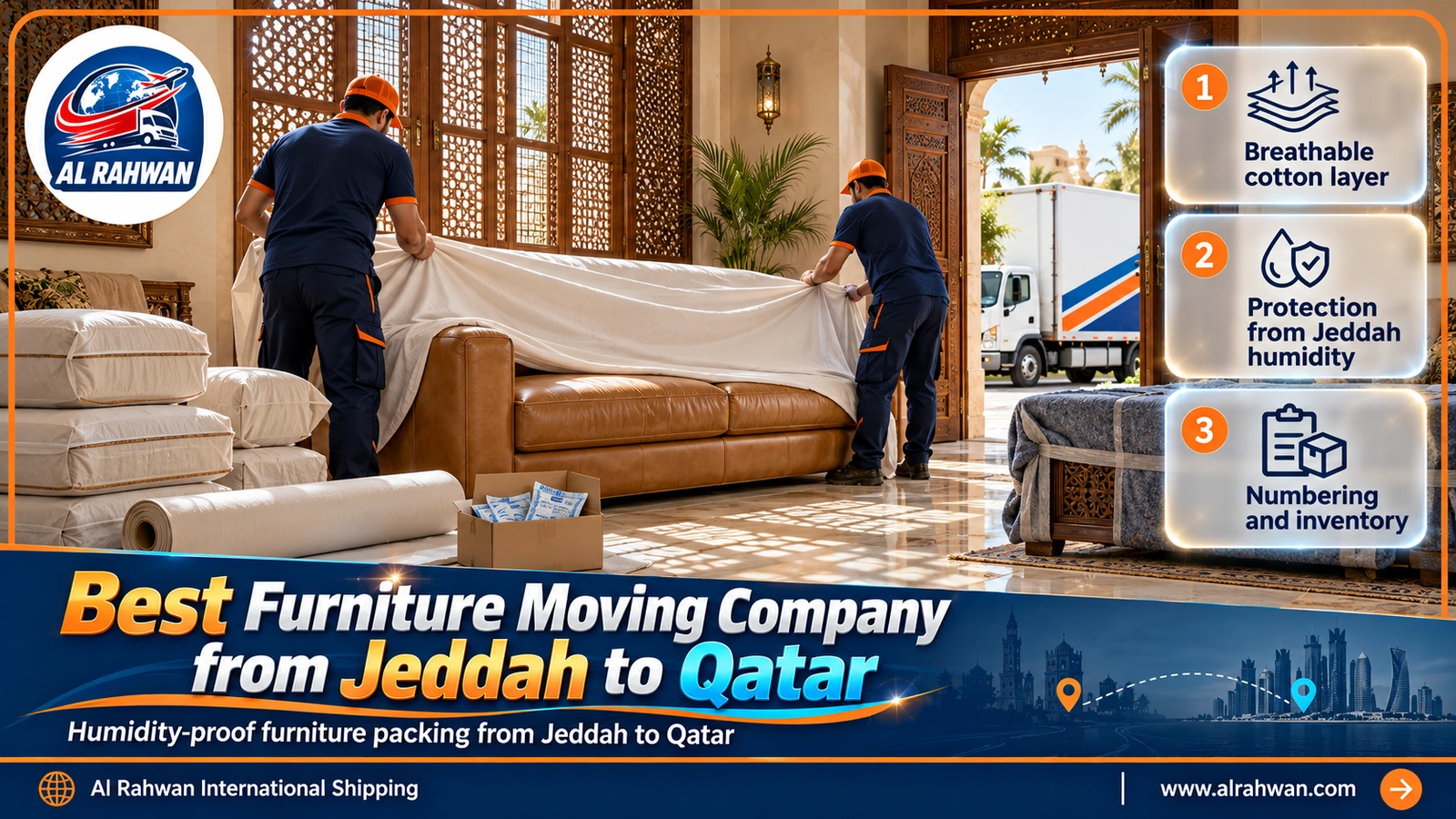 Packing crew from the best furniture moving company from Jeddah to Qatar preparing a leather sofa in a villa majlis