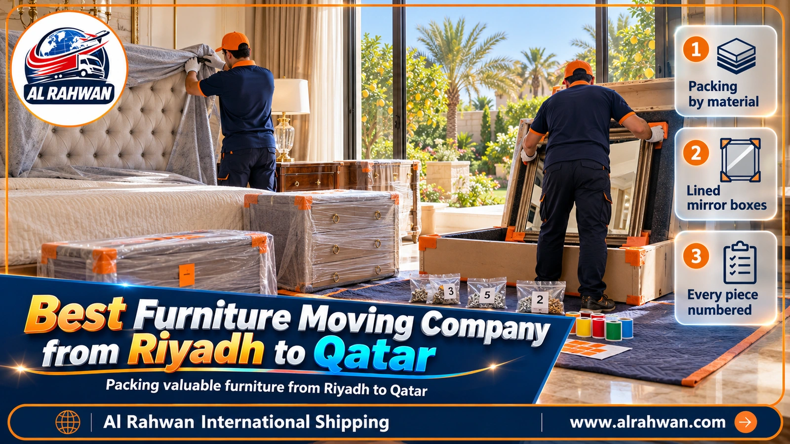 Best furniture moving company from Riyadh to Qatar - packing crew protecting a headboard and dressing-table mirror