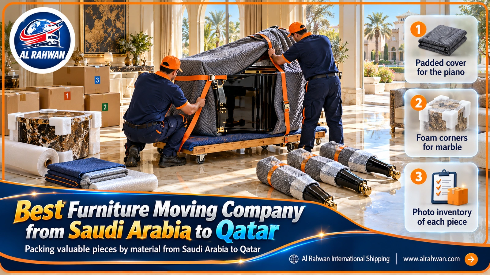 best furniture moving company from Saudi Arabia to Qatar - the Al Rahwan crew packing a piano and fine pieces by material