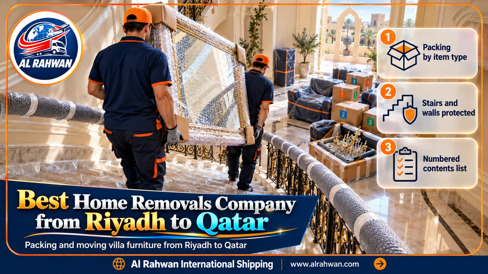 best home removals company from Riyadh to Qatar - movers carrying a wrapped mirror down a marble staircase in a Riyadh villa
