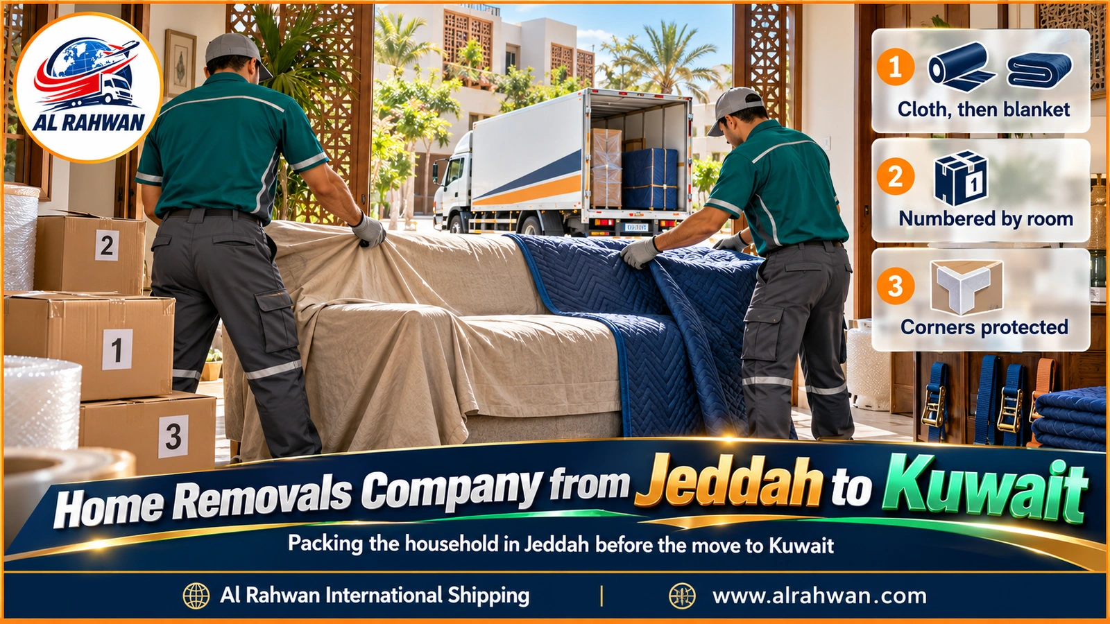 Al Rahwan crew wrapping sofas and cartons in a Jeddah flat before the move to Kuwait