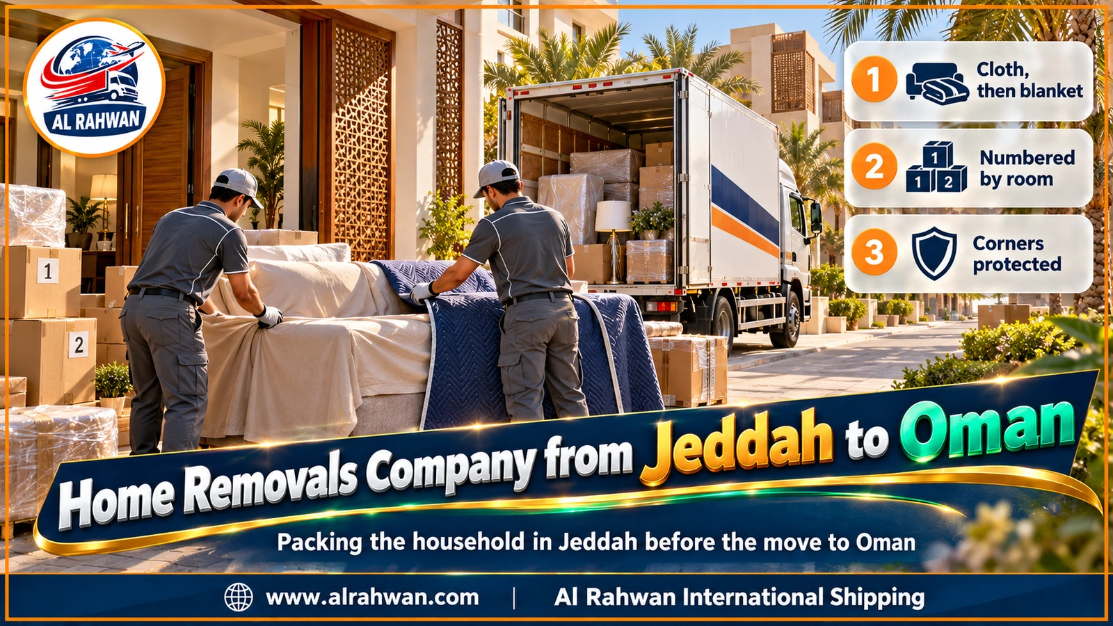 home removals company from jeddah to oman - movers wrapping living-room sofas in blankets in a sea-view Jeddah flat