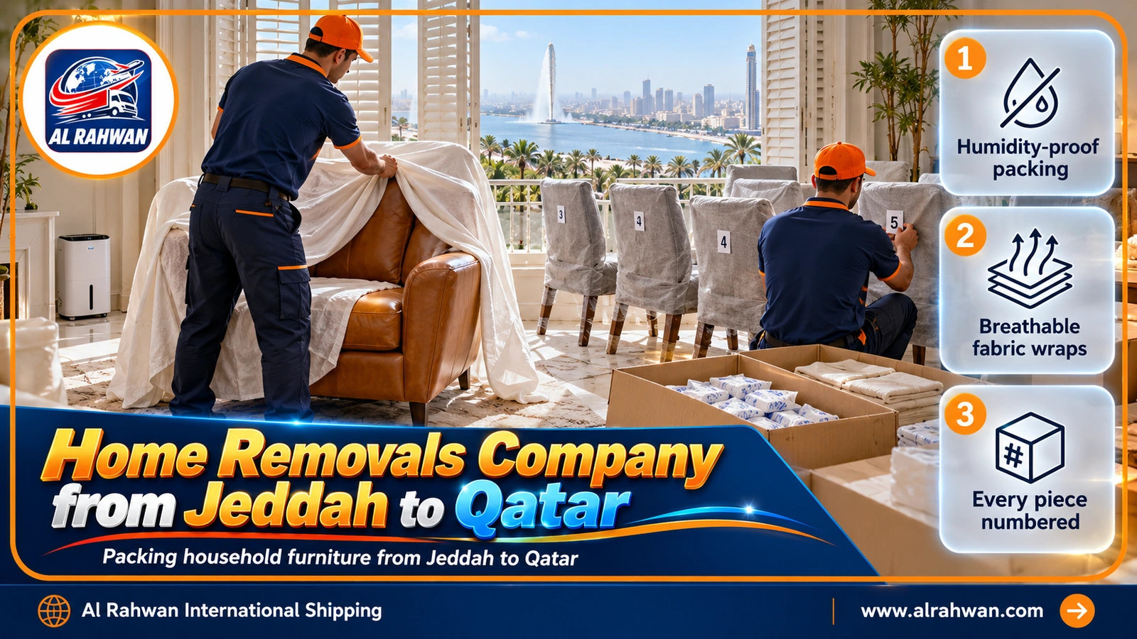 Packing crew wrapping kitchenware in a Jeddah flat before a home removal to Qatar
