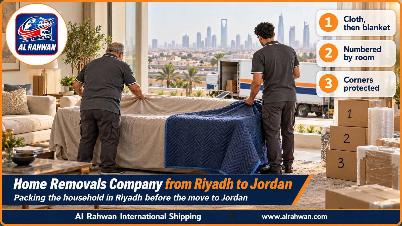 home removals company from riyadh to jordan - a crew wrapping majlis sofas in paper and blankets in a riyadh villa while a colleague seals numbered cartons