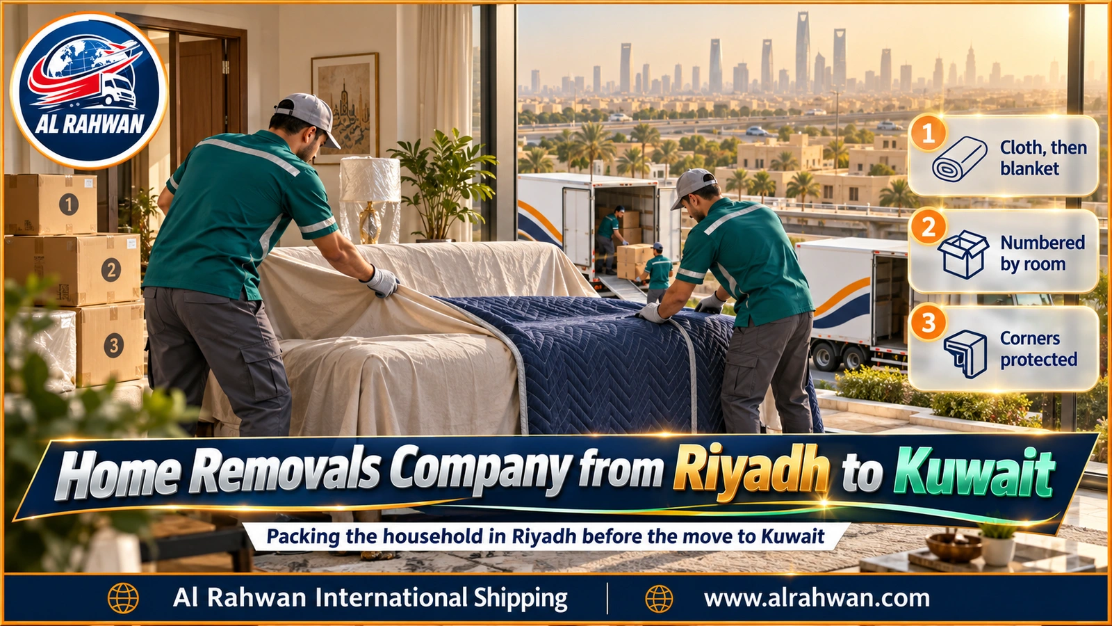 Home removals company from Riyadh to Kuwait - a crew wrapping living-room furniture in Riyadh before the trip