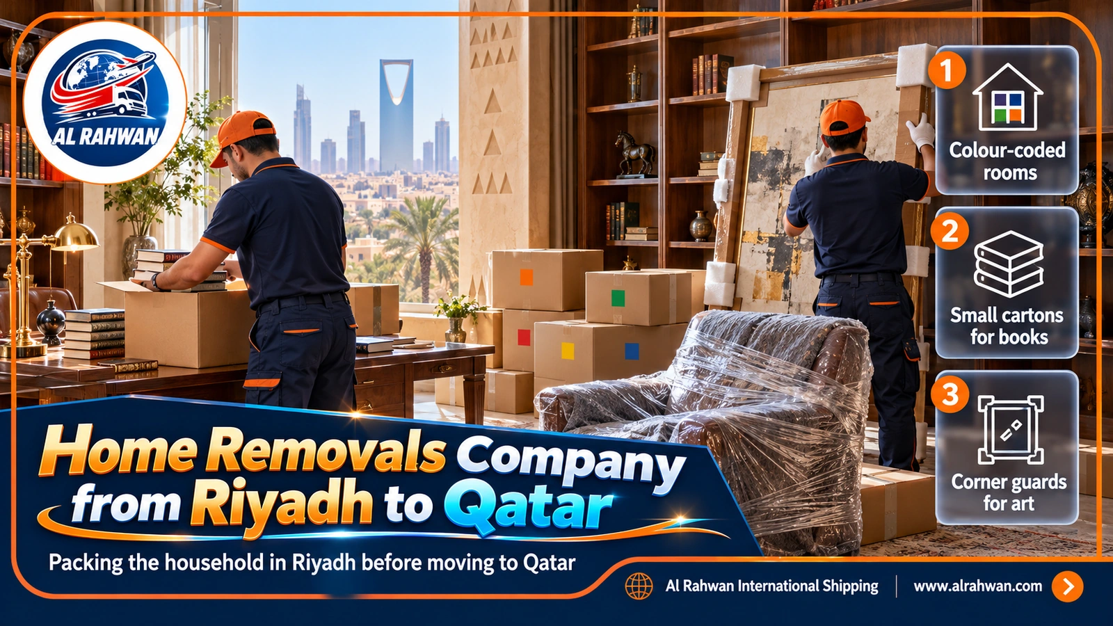 Packing crew wrapping a villa majlis in Riyadh before the home removal to Qatar