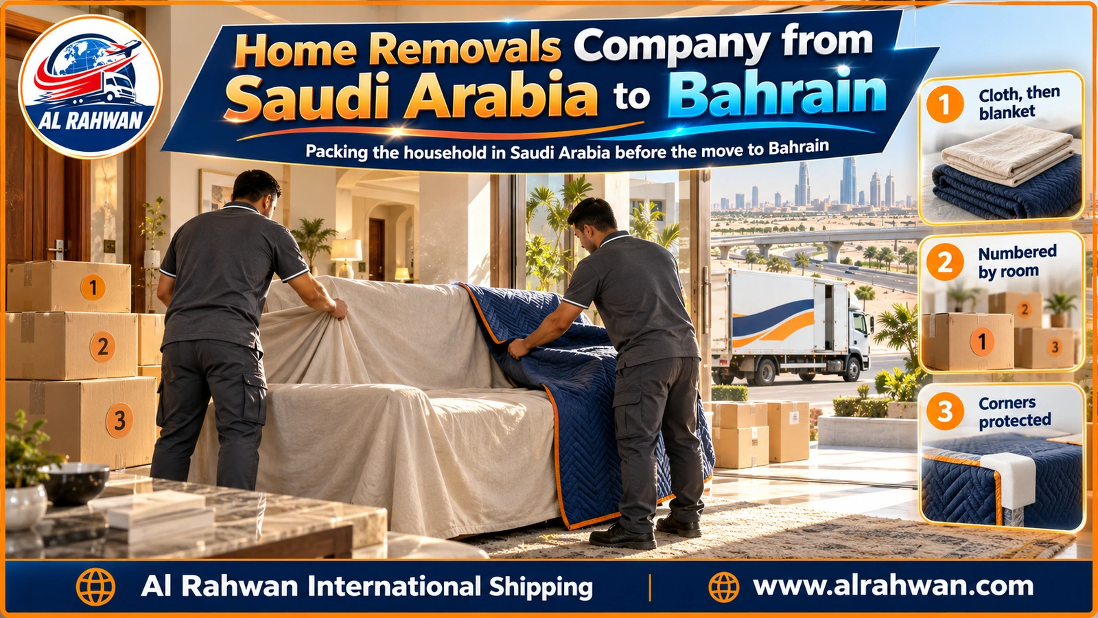 home removals company from saudi arabia to bahrain - packers wrapping sofas and appliances in a Saudi home before the move