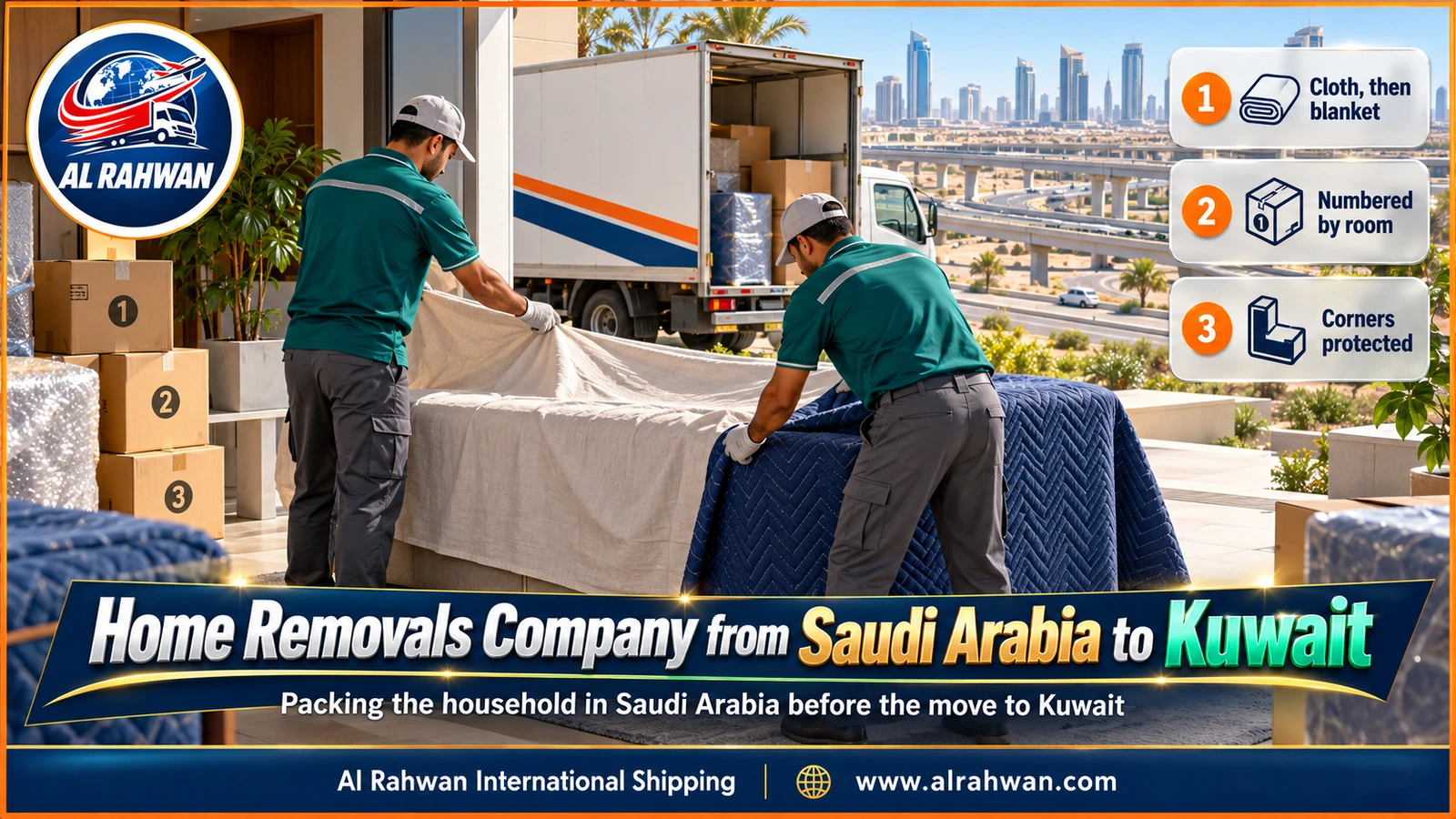 Mover in a navy shirt wrapping a fabric sofa in a moving blanket over a cloth cover inside a Saudi home before the move to Kuwait