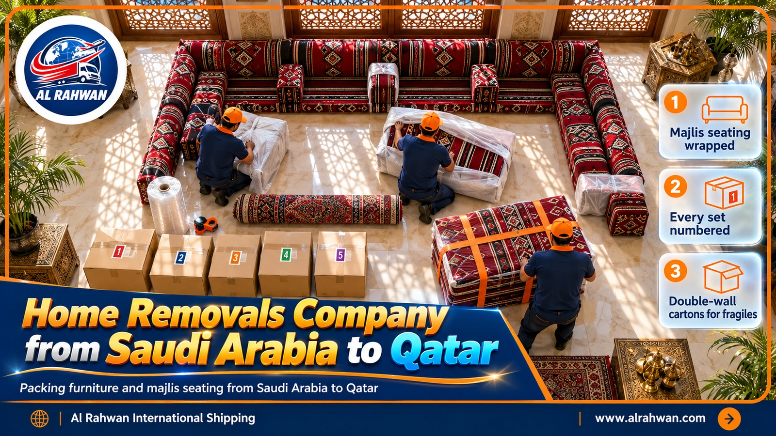 Packing crew wrapping household furniture before the move from Saudi Arabia to Qatar