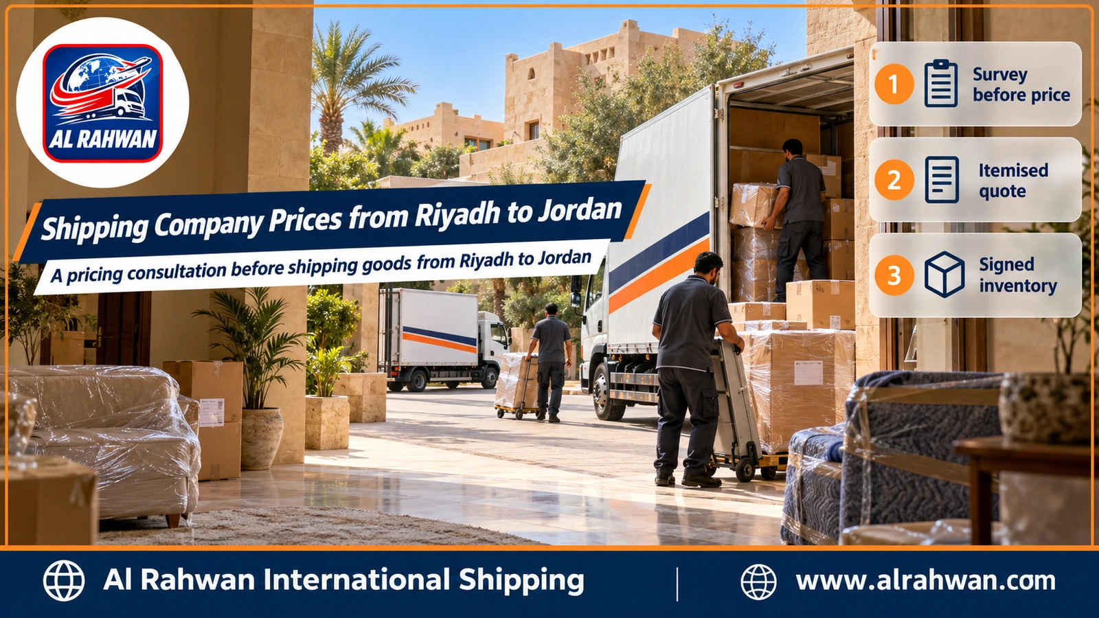 Shipping Company Prices from Riyadh to Jordan - a supervisor explaining the itemised price table to a customer at a shipment request desk in Riyadh before sending goods to Jordan