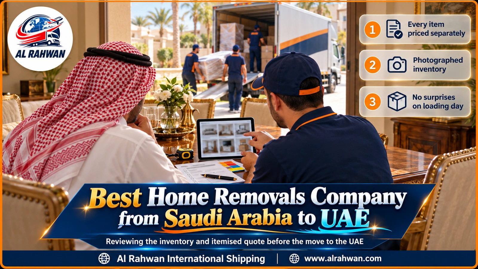 A removals supervisor going through the inventory and itemised quote with a customer before a move from Saudi Arabia to the UAE