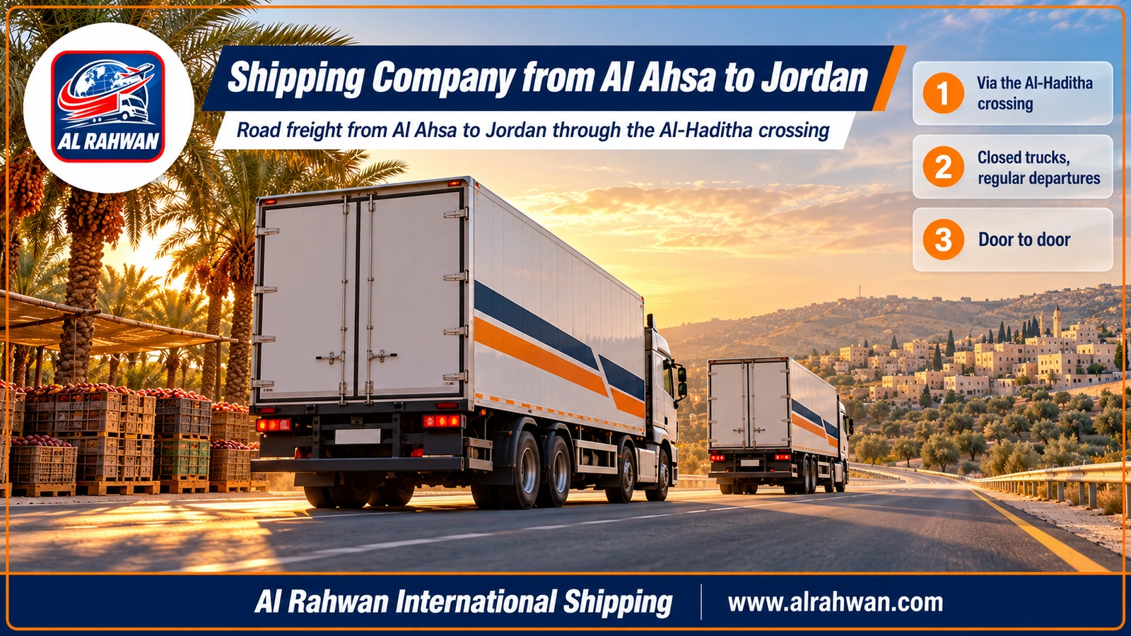 Shipping Company from Al Ahsa to Jordan - an enclosed cargo truck leaving Hofuf westward towards Riyadh on its way to the Al-Haditha crossing and Jordan