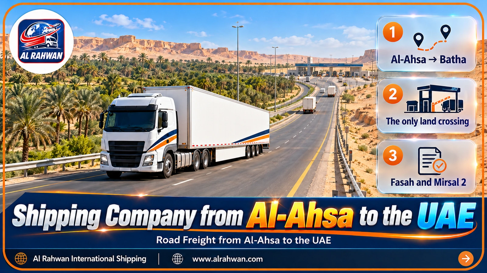 Shipping truck leaving Al-Ahsa among the palms for the UAE