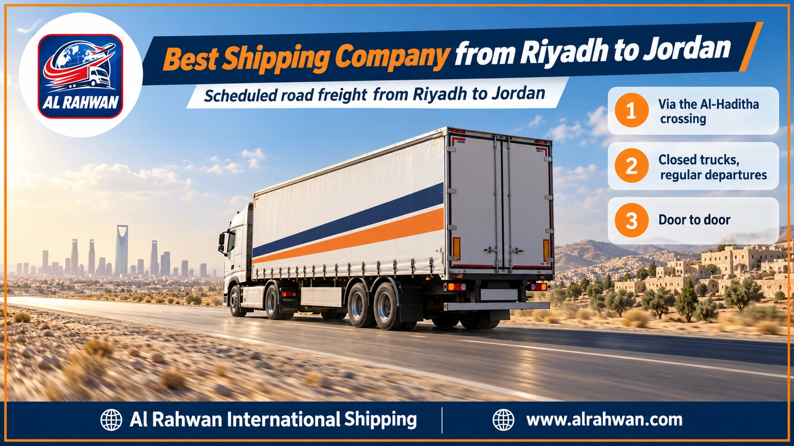 Best Shipping Company from Riyadh to Jordan - two enclosed trucks travelling in a steady convoy along a northern desert highway at sunset on a run from Riyadh to Jordan