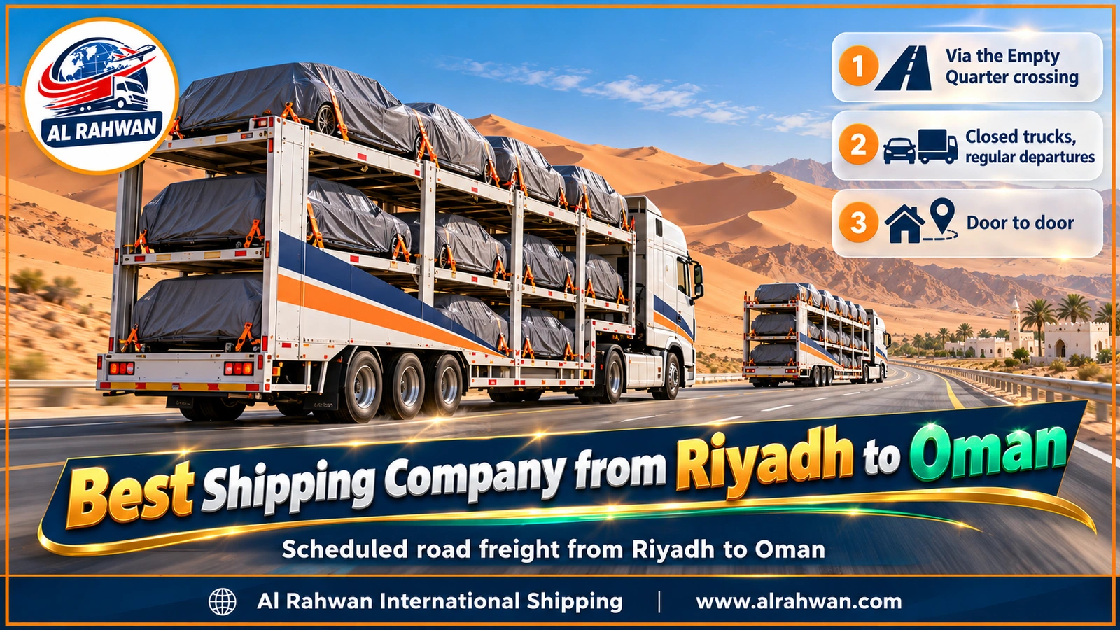 Best Shipping Company from Riyadh to Oman - two enclosed trucks travelling in a steady convoy along the Empty Quarter road at sunset on a run from Riyadh to Oman