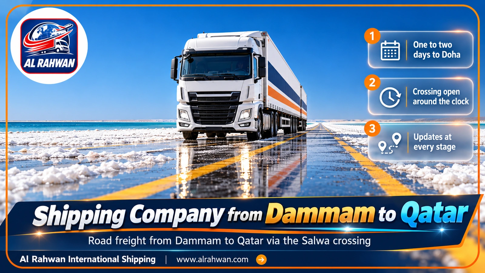 Road freight truck from Dammam to Qatar on the Salwa coastal road