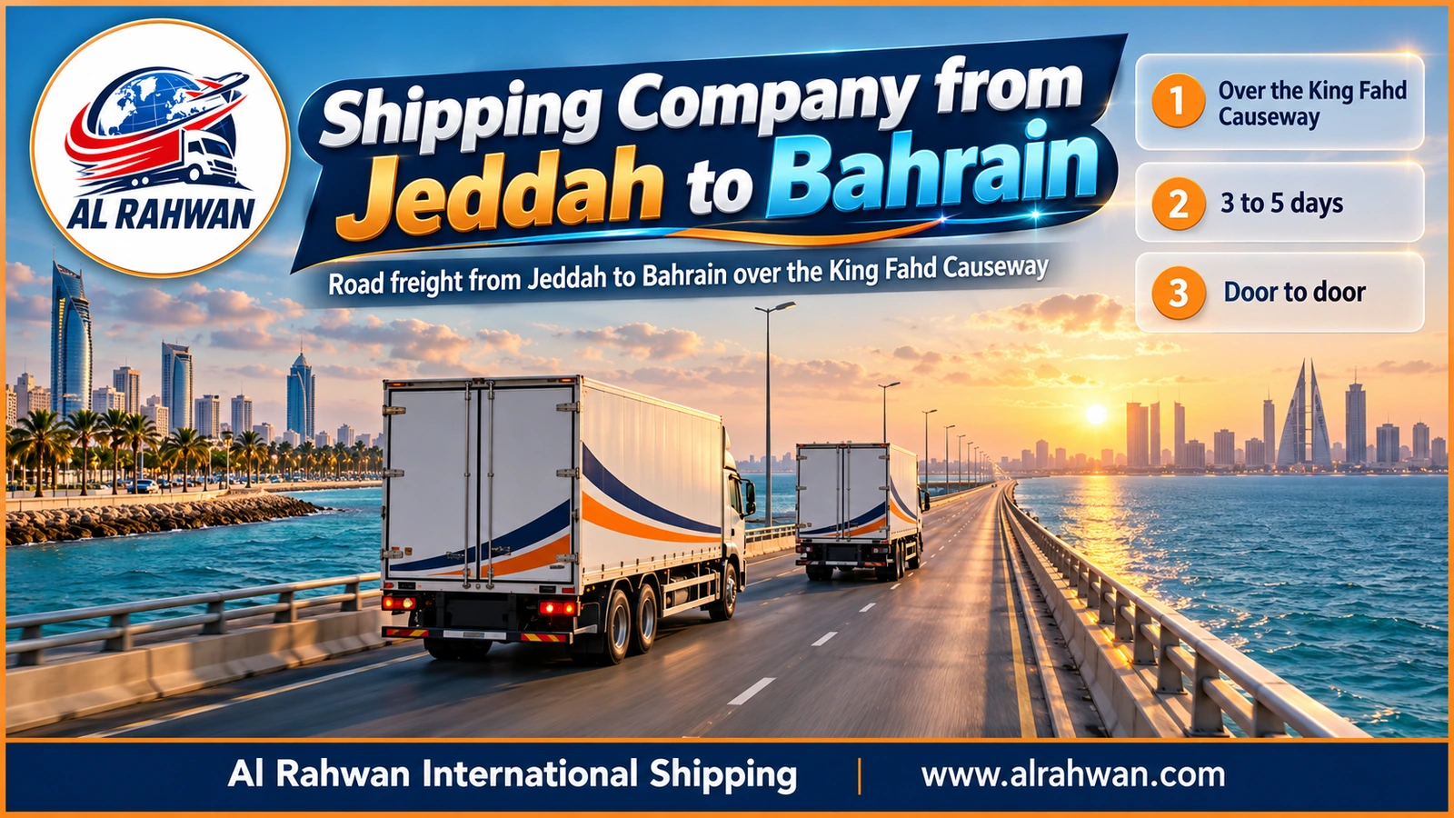Shipping Company from Jeddah to Bahrain - a white enclosed truck on the desert highway between the west and east of the Kingdom heading for the King Fahd Causeway