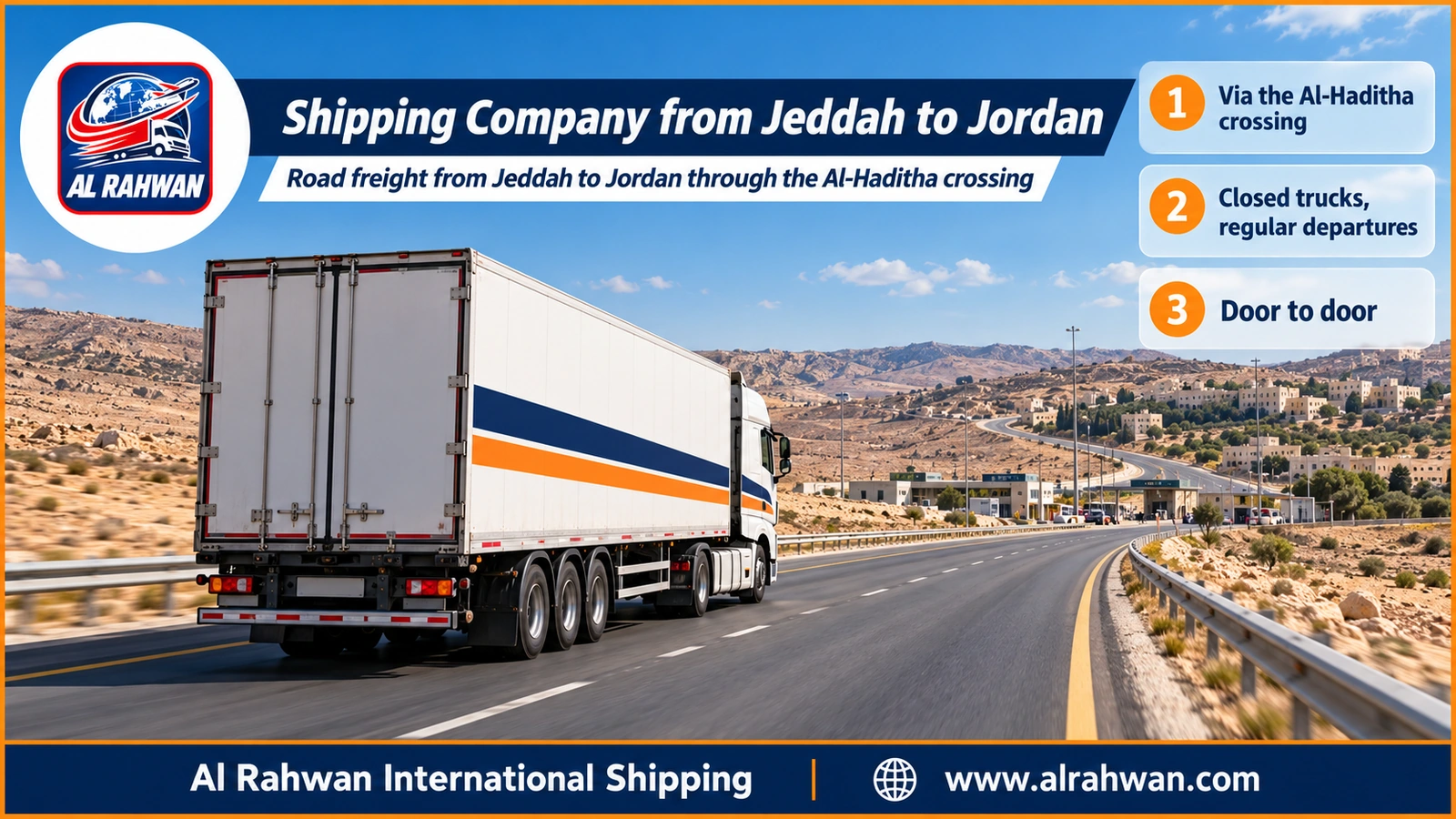 Shipping Company from Jeddah to Jordan - a closed moving truck on a coastal road north of Jeddah heading to the Al-Haditha crossing and Jordan