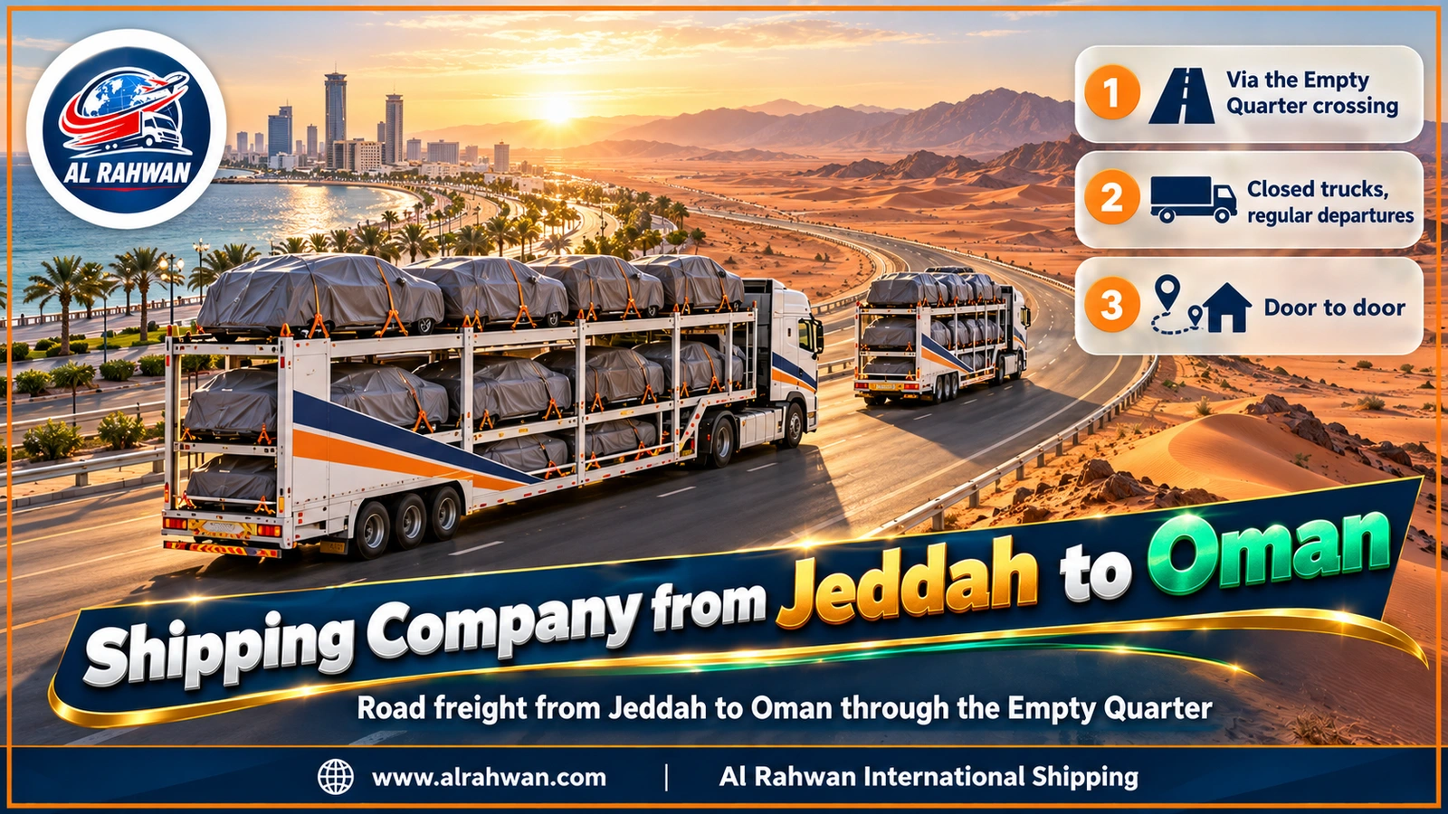 Shipping Company from Jeddah to Oman - A white enclosed truck on the Empty Quarter road between sand dunes on the way from Jeddah to Oman