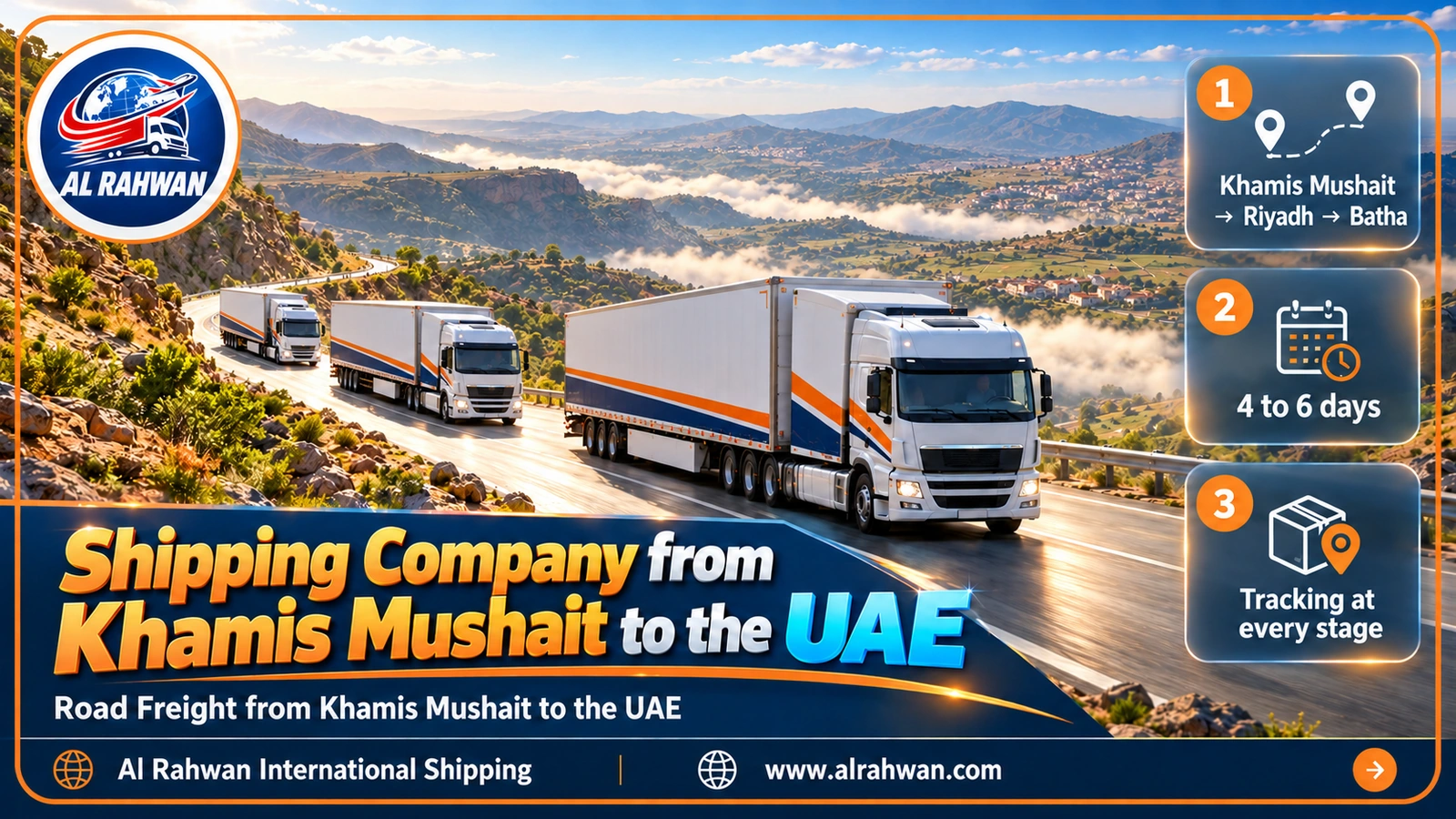 Freight truck descending from the green Khamis Mushait highlands towards the UAE