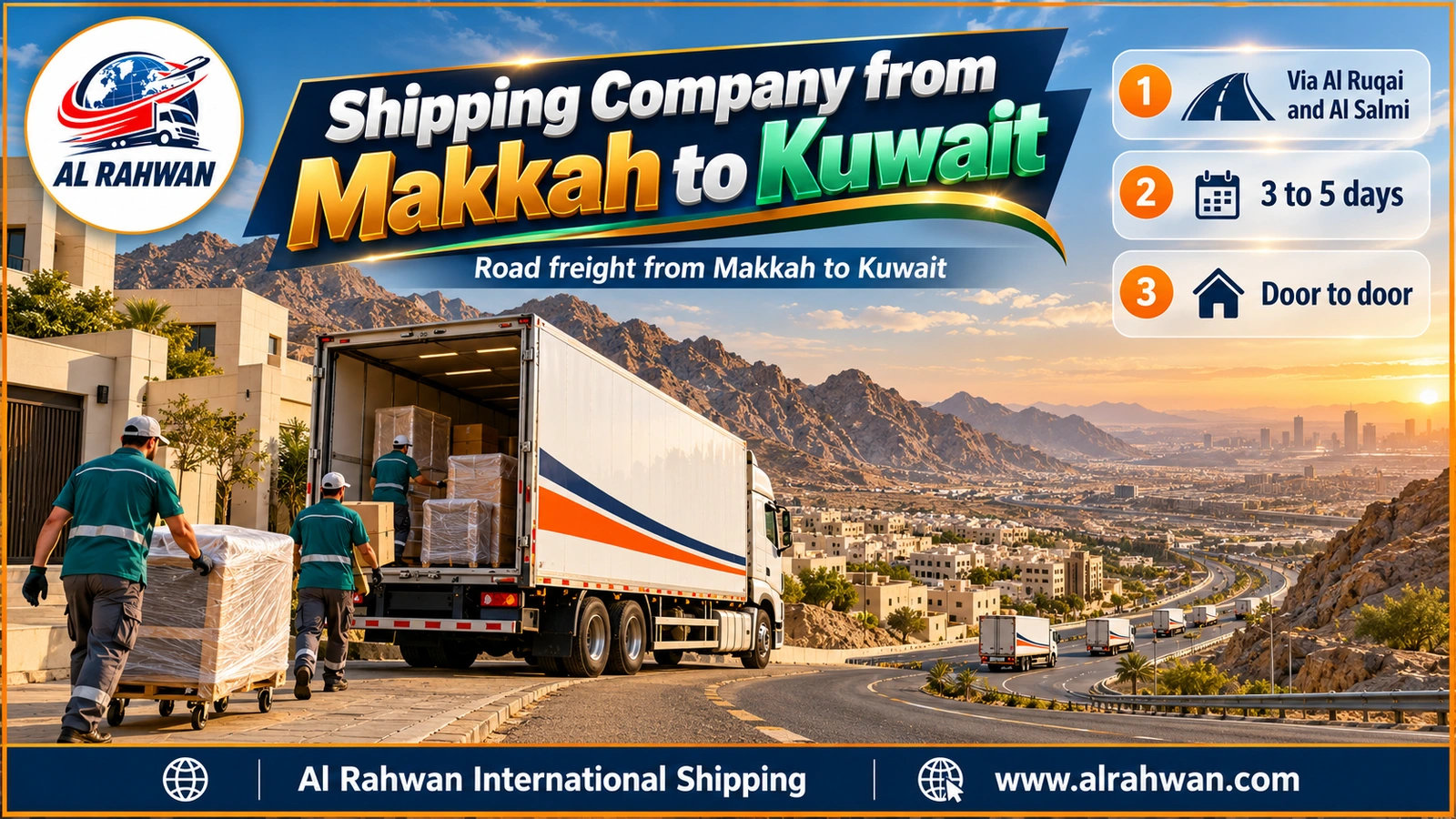 Closed truck of a shipping company from Makkah to Kuwait leaving Makkah for the eastern highway