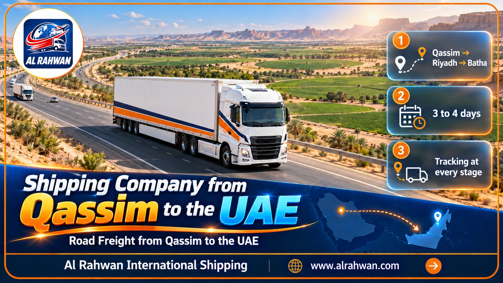 Shipping truck leaving Qassim for the UAE between irrigated farms and golden dunes