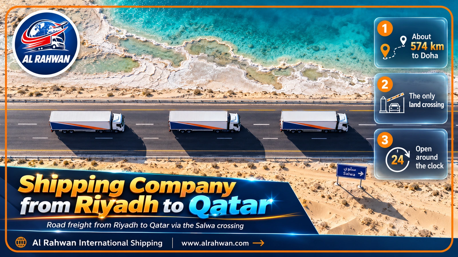 Truck of a shipping company from Riyadh to Qatar on the coastal road near Salwa