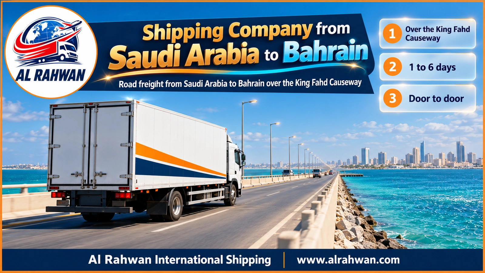Shipping company from Saudi Arabia to Bahrain - a white truck on the King Fahd Causeway above calm Gulf water on its way to Bahrain