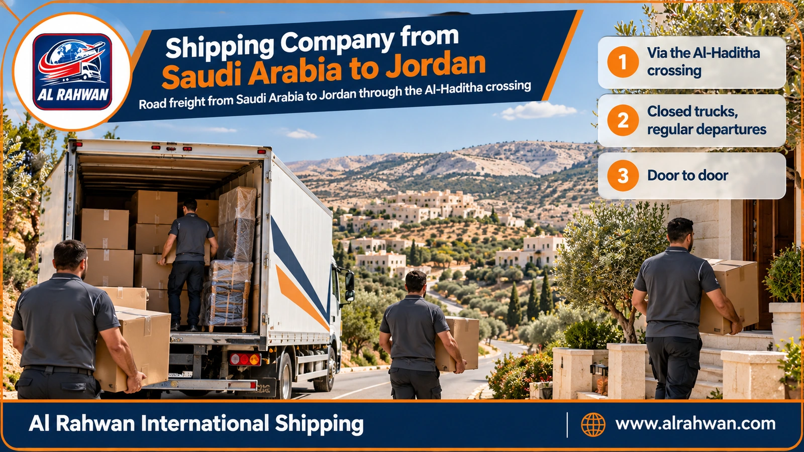 Shipping Company from Saudi Arabia to Jordan - a white closed moving truck on a desert road heading to the Al-Haditha crossing and on to Jordan