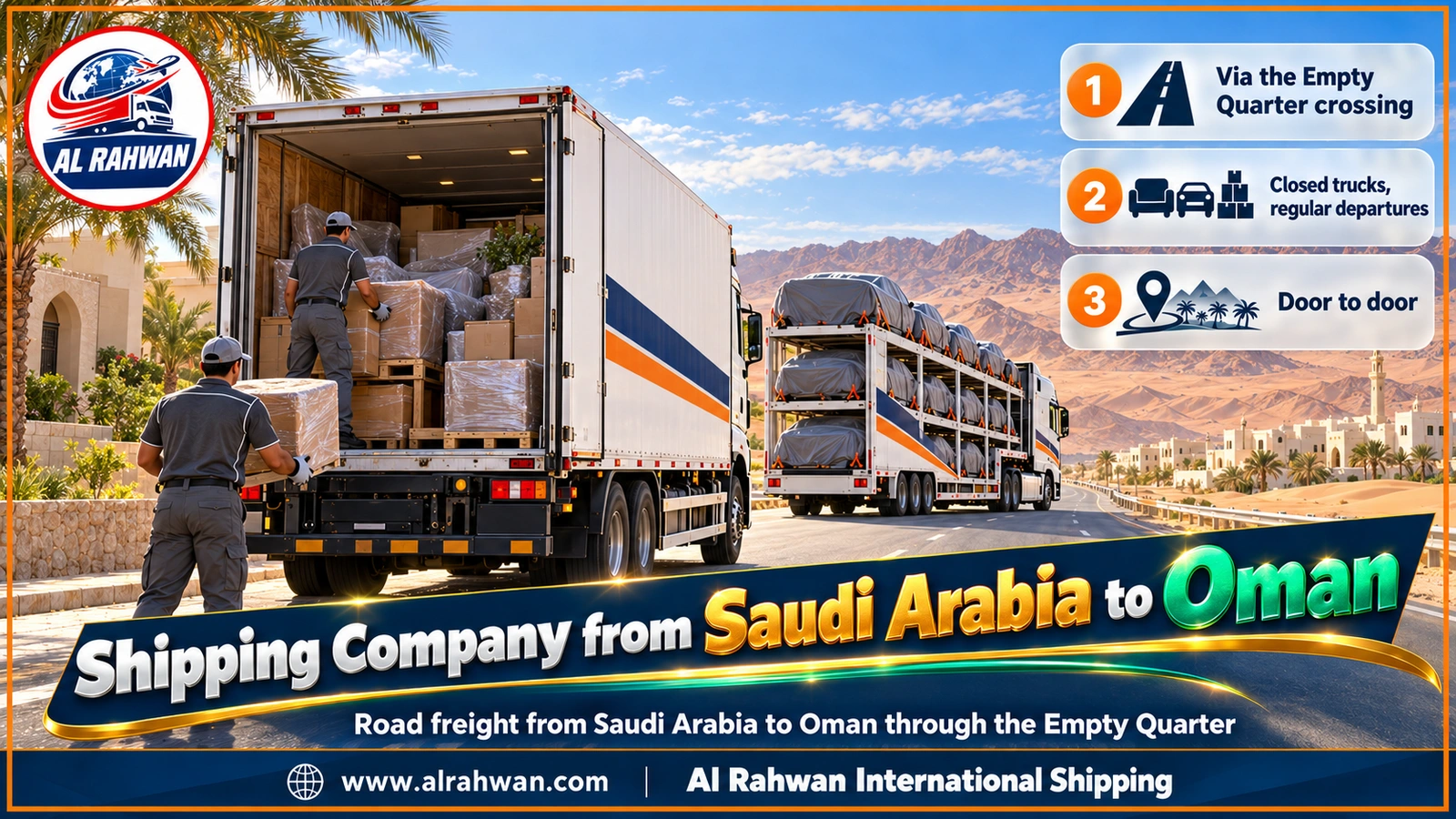 Shipping Company from Saudi Arabia to Oman - a white enclosed truck driving along the Empty Quarter road between sand dunes on its way to Oman