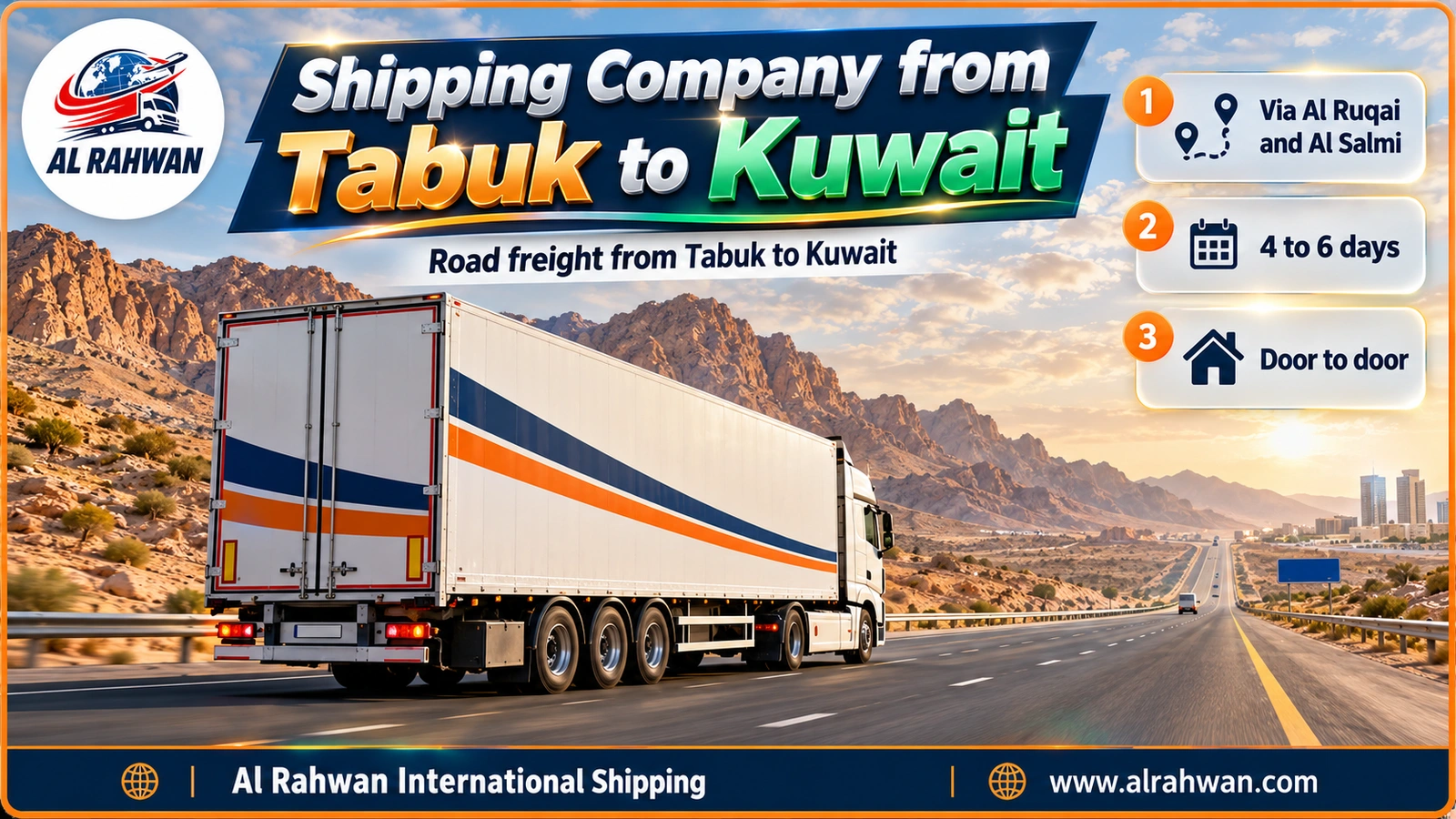 Closed truck of a shipping company from Tabuk to Kuwait crossing the long desert road eastward