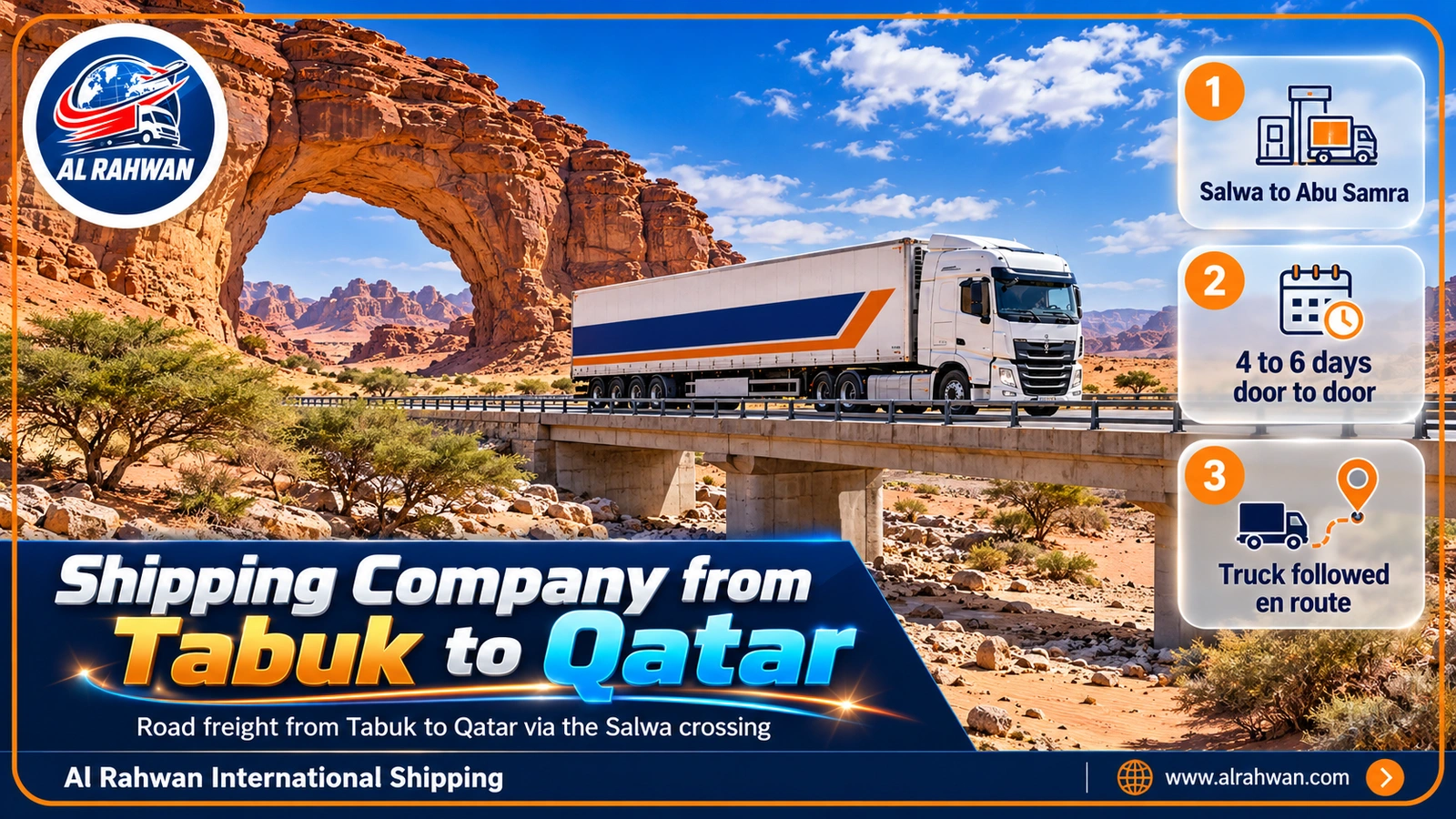 Al Rahwan truck on the long road from Tabuk to Qatar between northern rock formations