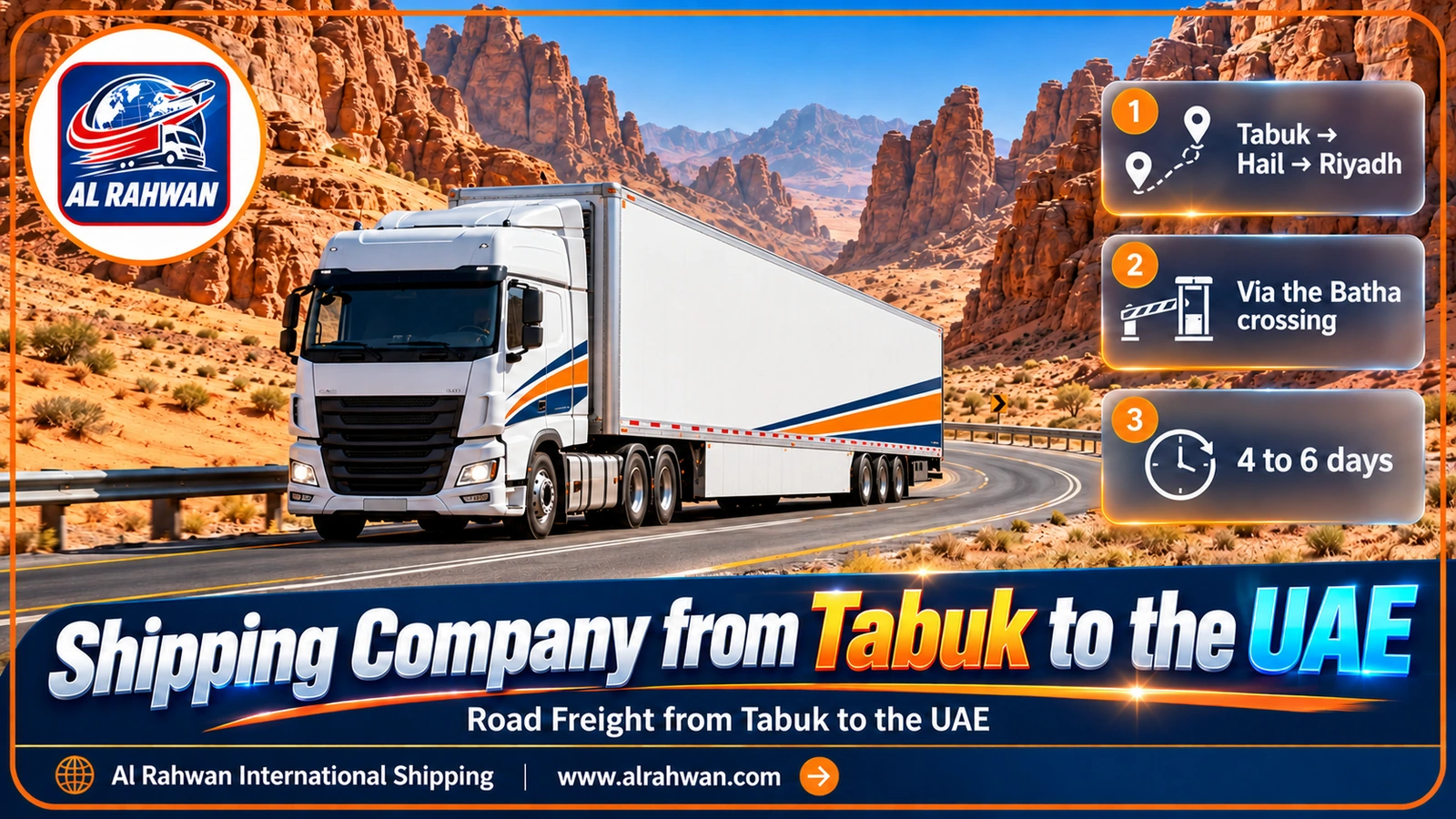 Freight truck leaving Tabuk for the UAE between rose-orange mountains