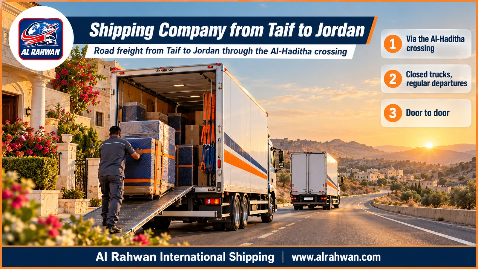 Shipping Company from Taif to Jordan - an enclosed freight truck heading north on a highway from Taif through Madinah and Tabuk toward the Al-Haditha crossing