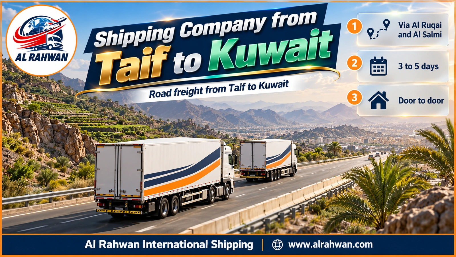 Truck of a shipping company from Taif to Kuwait on the highway heading east out of Taif