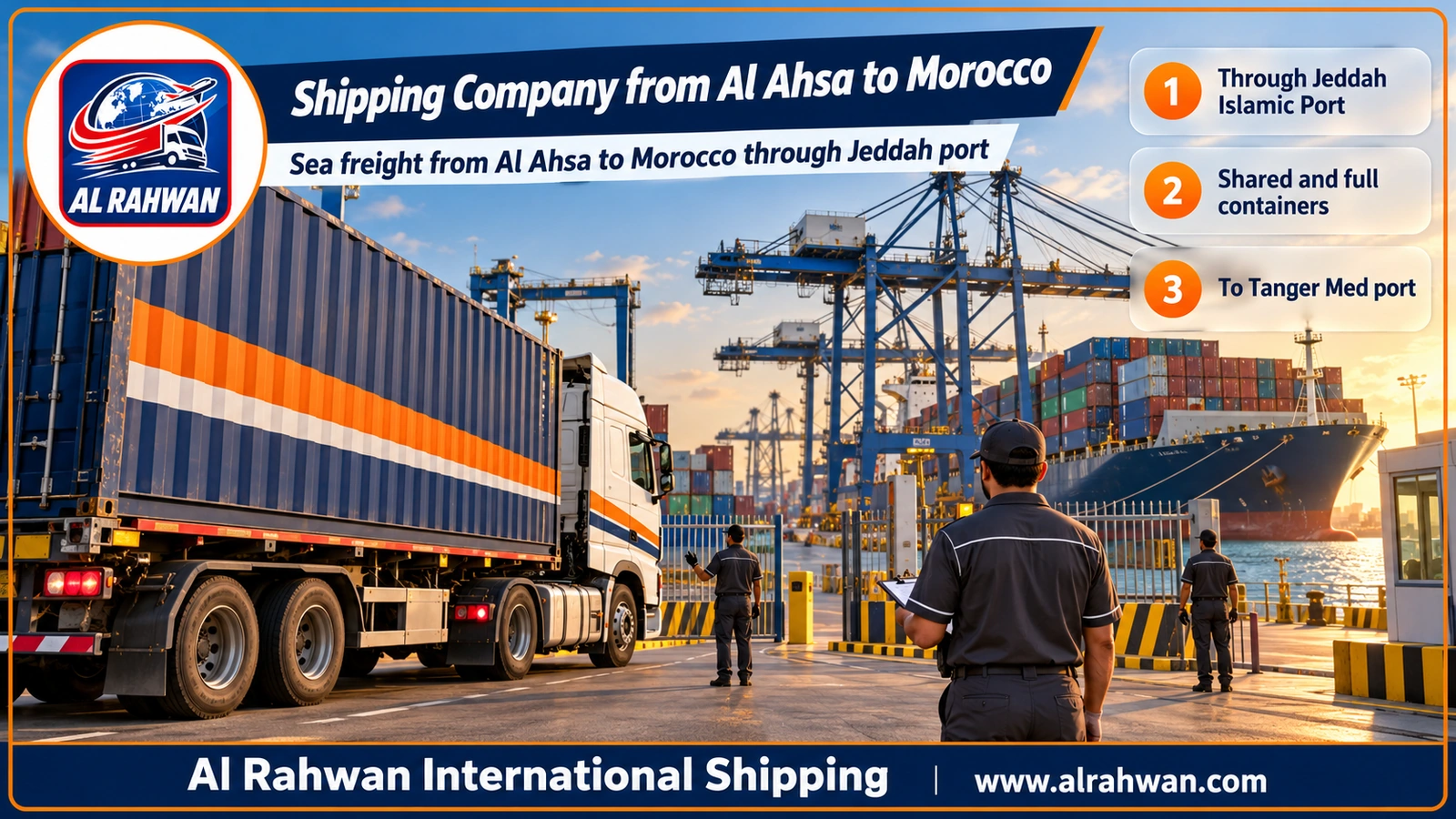Shipping Company from Al Ahsa to Morocco - a sea freight container on the quay of Jeddah Islamic Port bound for Tanger Med port